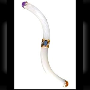 14k Yellow Gold Mother Of Pearl Diamond Multi Gemstone Brooch-Estate Jewelry 18g